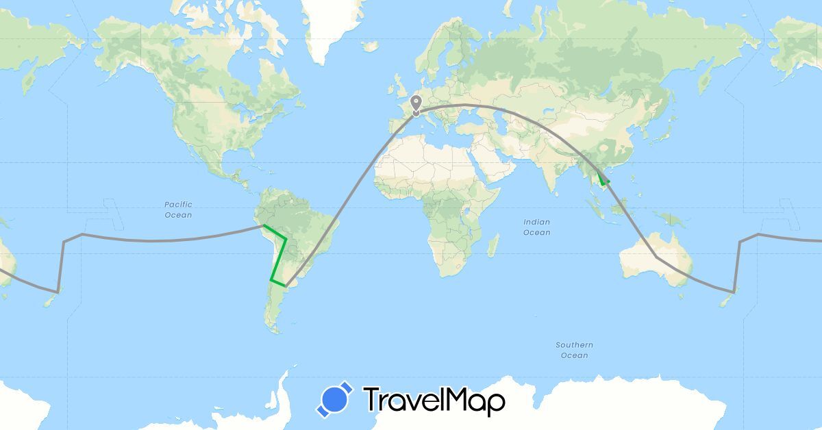 TravelMap itinerary: driving, bus, plane in Australia, France, New Zealand (Europe, Oceania)