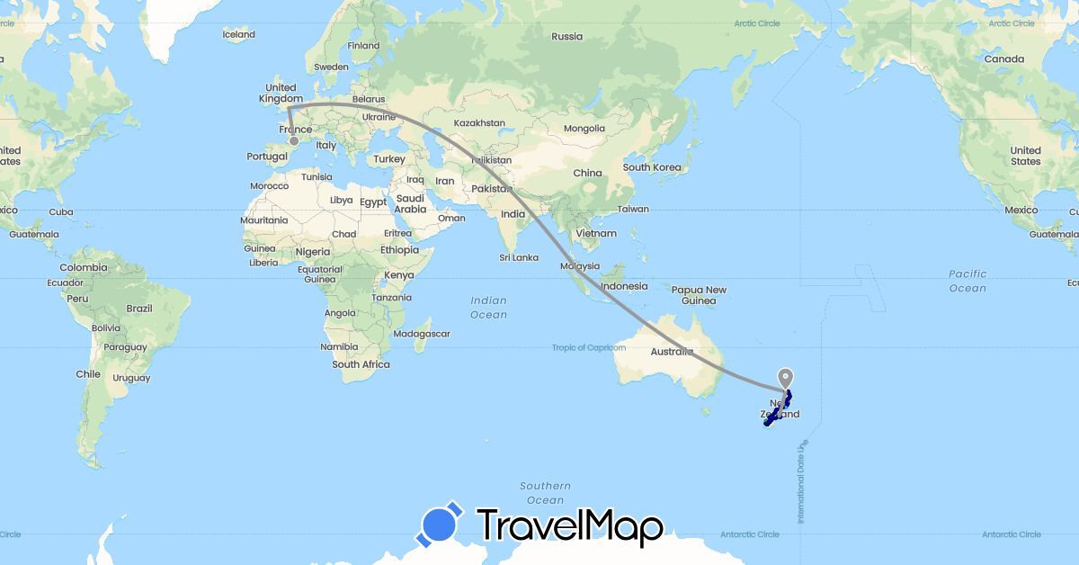 TravelMap itinerary: driving, bus, plane, hiking, boat in France, United Kingdom, Malaysia, New Zealand (Asia, Europe, Oceania)