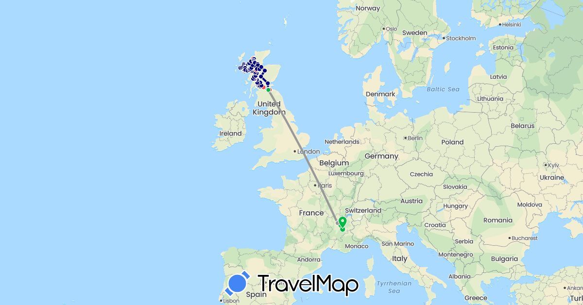 TravelMap itinerary: driving, bus, plane, hiking in France, United Kingdom (Europe)