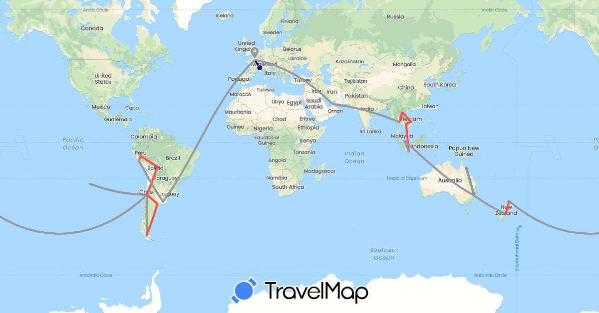 TravelMap itinerary: driving, plane, hiking in United Arab Emirates, Argentina, Australia, Bolivia, Chile, France, Indonesia, Cambodia, Laos, New Zealand, Peru, Singapore, Thailand, Vietnam (Asia, Europe, Oceania, South America)