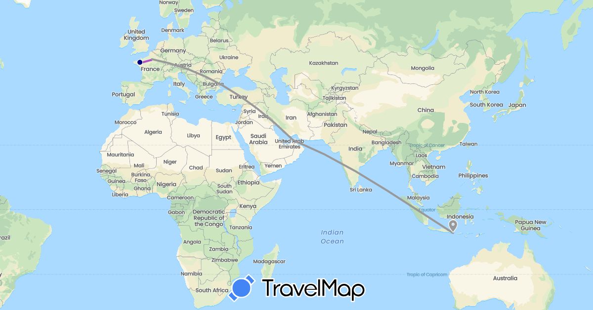 TravelMap itinerary: driving, plane, train in United Arab Emirates, France, Indonesia (Asia, Europe)