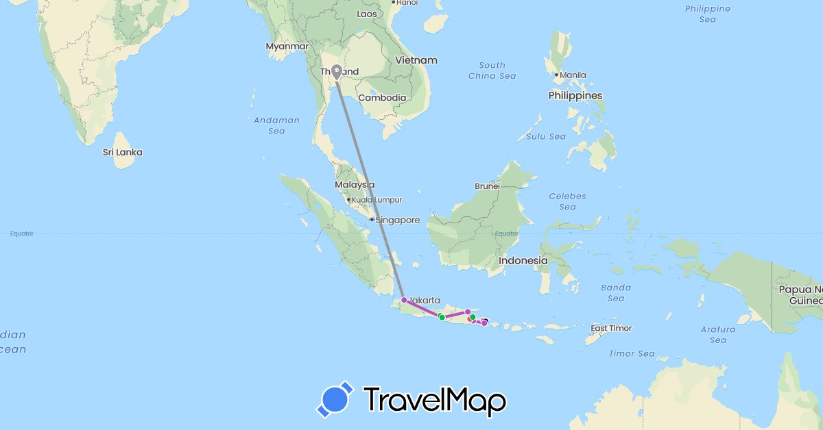 TravelMap itinerary: driving, bus, plane, train, hiking, boat in Indonesia, Thailand (Asia)